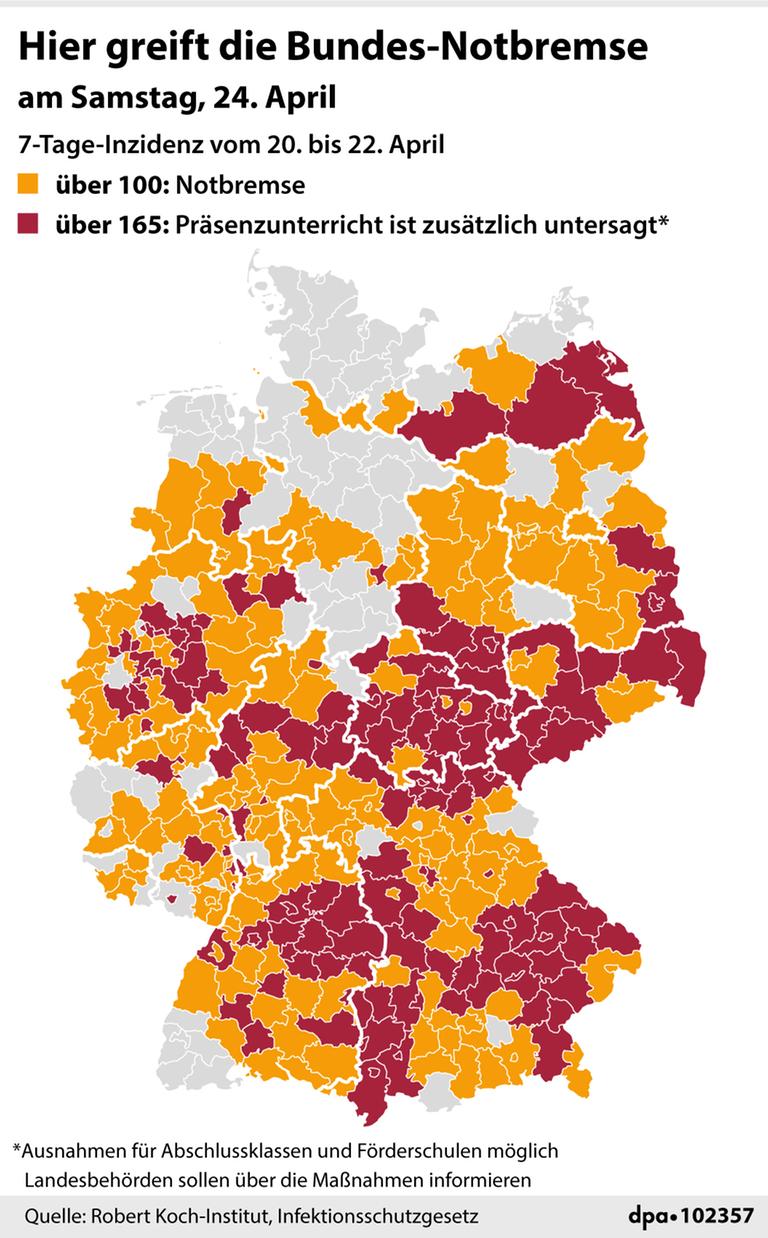 Grafik-Karte Nr. 102357, Hochformat 90 x 145 mm, "Hier greift die Notbremse ab Samstag"; Grafik: A. Brühl, Redaktion: J. Schneider Grafik-Karte Nr. 102357, Hochformat 90 x 145 mm, "Hier greift die Notbremse ab Samstag"; Grafik: A. Brühl, Redaktion: J. Schneider