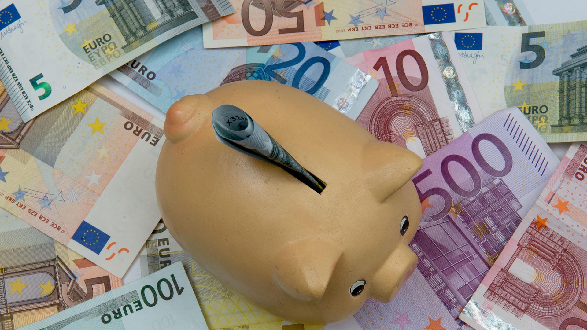 Ein Sparschwein steht auf verschiedenen Euro-Banknoten. Ein Sparschwein steht auf verschiedenen Euro-Banknoten.