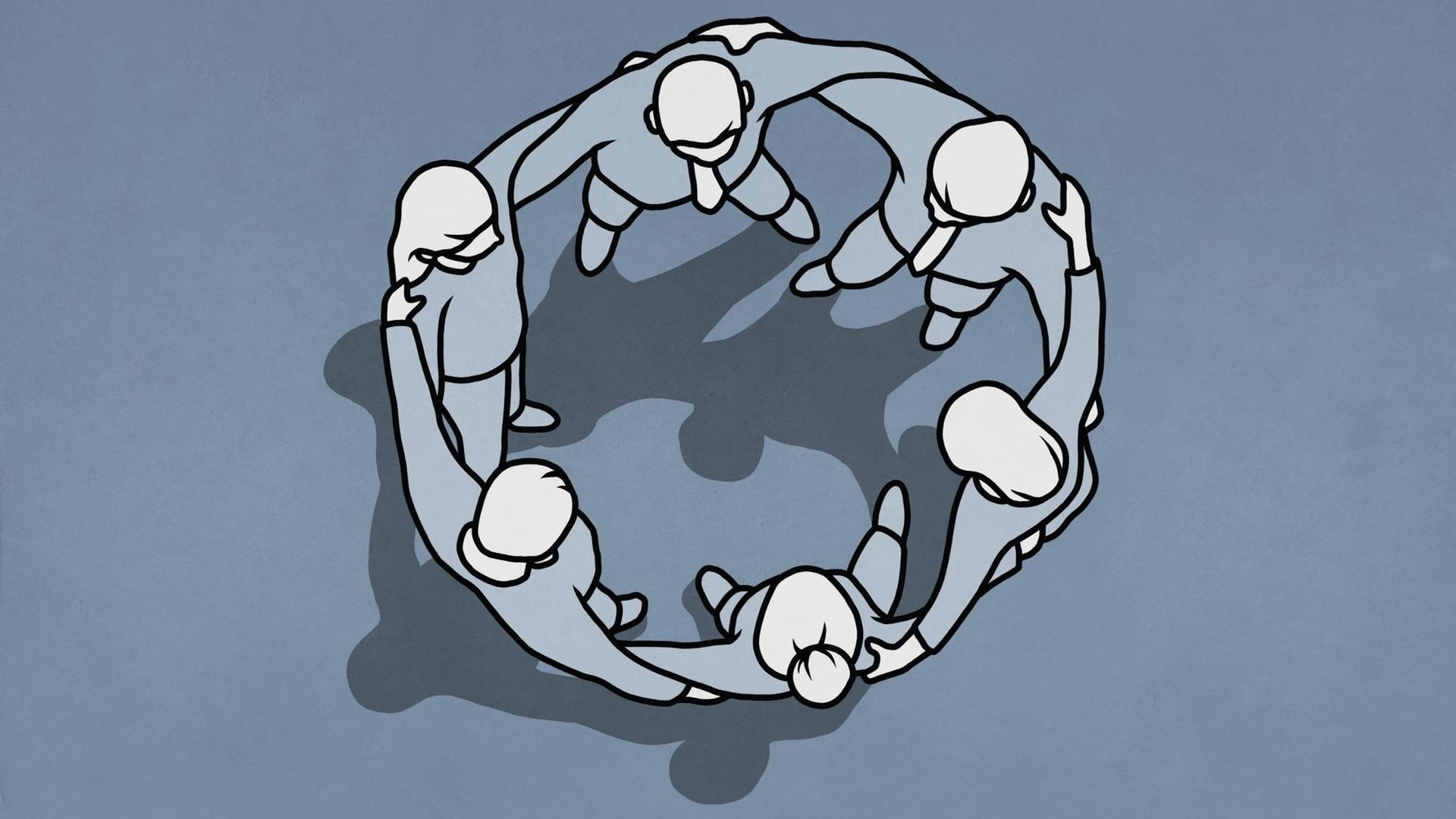 Grafische Darstellung wie mehrere Menschen in einem Kreis stehen und sich an den Schultern fassen.