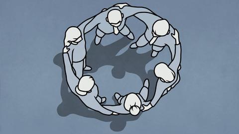 Grafische Darstellung wie mehrere Menschen in einem Kreis stehen und sich an den Schultern fassen.