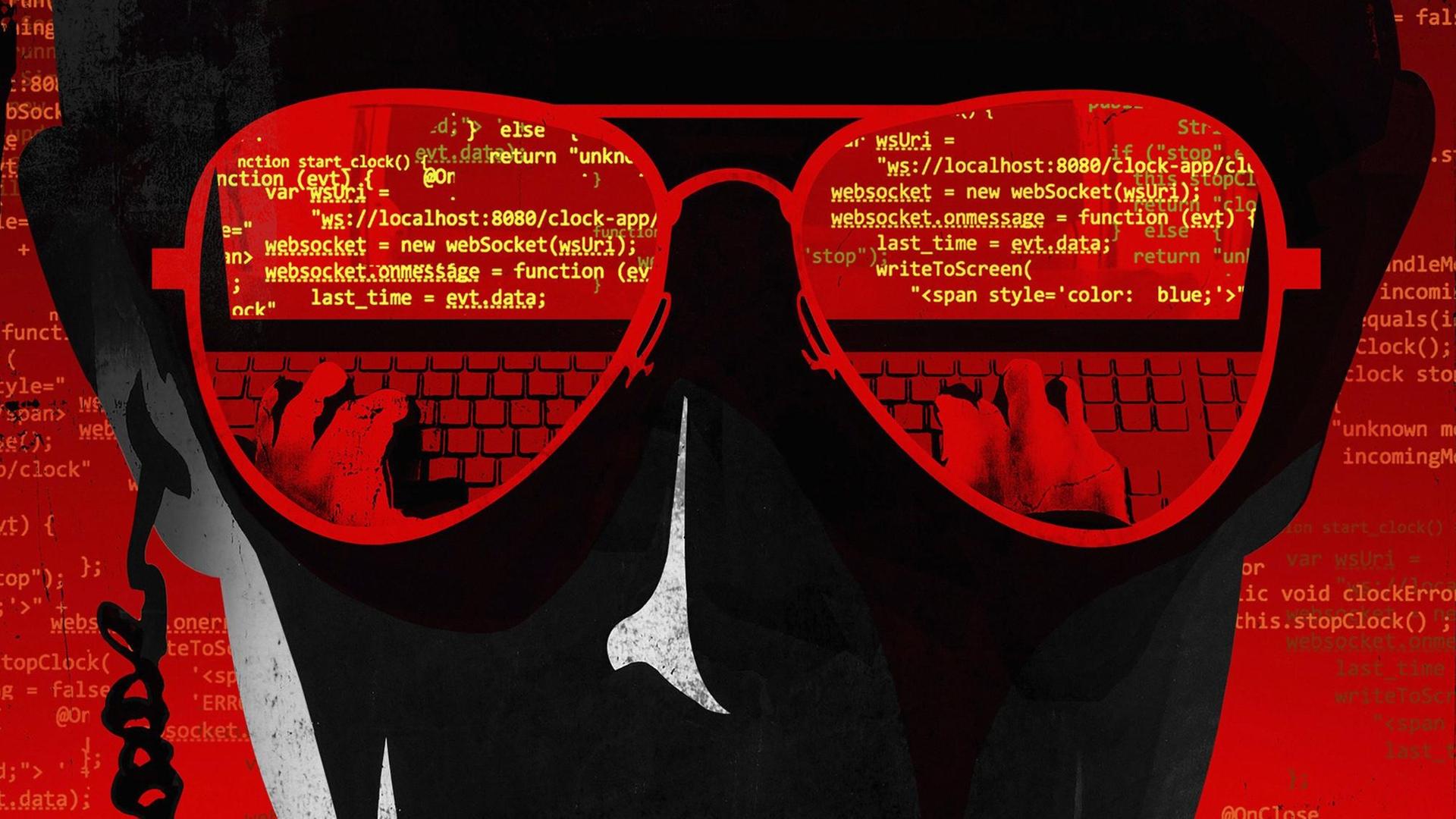 Eine Illustration zeigt eine dunkle Gestalt mit einer Sonnenbrille, in der sich Programmier-Codes spiegeln.
