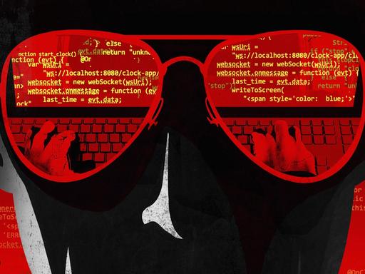 Eine Illustration zeigt eine dunkle Gestalt mit einer Sonnenbrille, in der sich Programmier-Codes spiegeln.