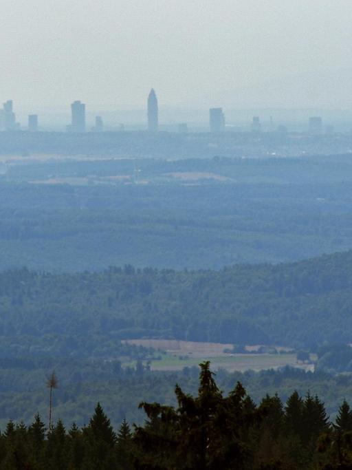 Die Skyline von Frankfurt am Main ist vom 764 Meter hoch gelegenen Hoherodskopf im Vogelsberg in Hessen zu sehen.