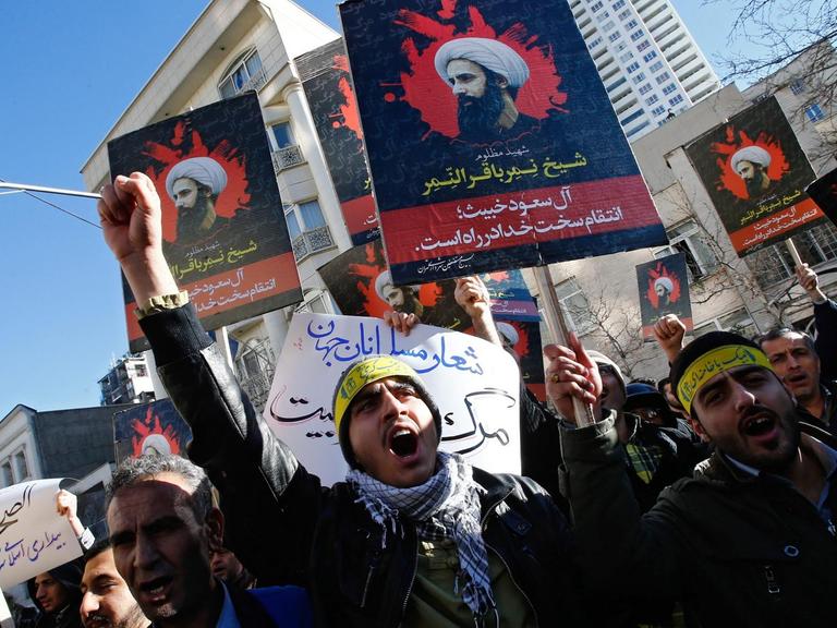 Demonstranten in Teheran protestieren gegen Hinrichtungen in Saudi-Arabien.
