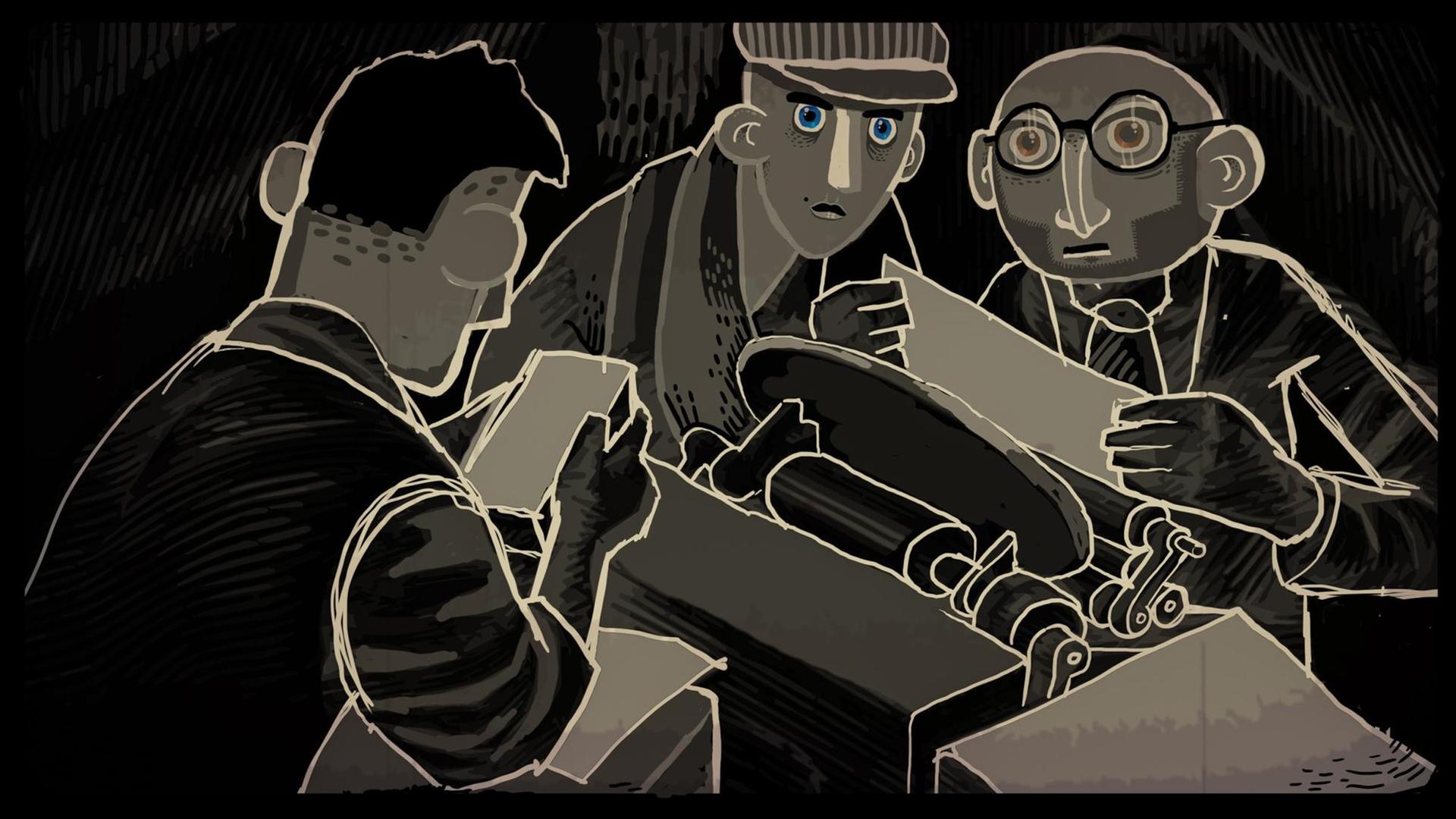 Szene aus dem Spiel "Through the Darkest of Times": Drei Widerstandskämpfer sitzen kospirativ zusammen in einer Untergrunddruckerei, zwei von ihnen starren den Betrachter durchdringend an.