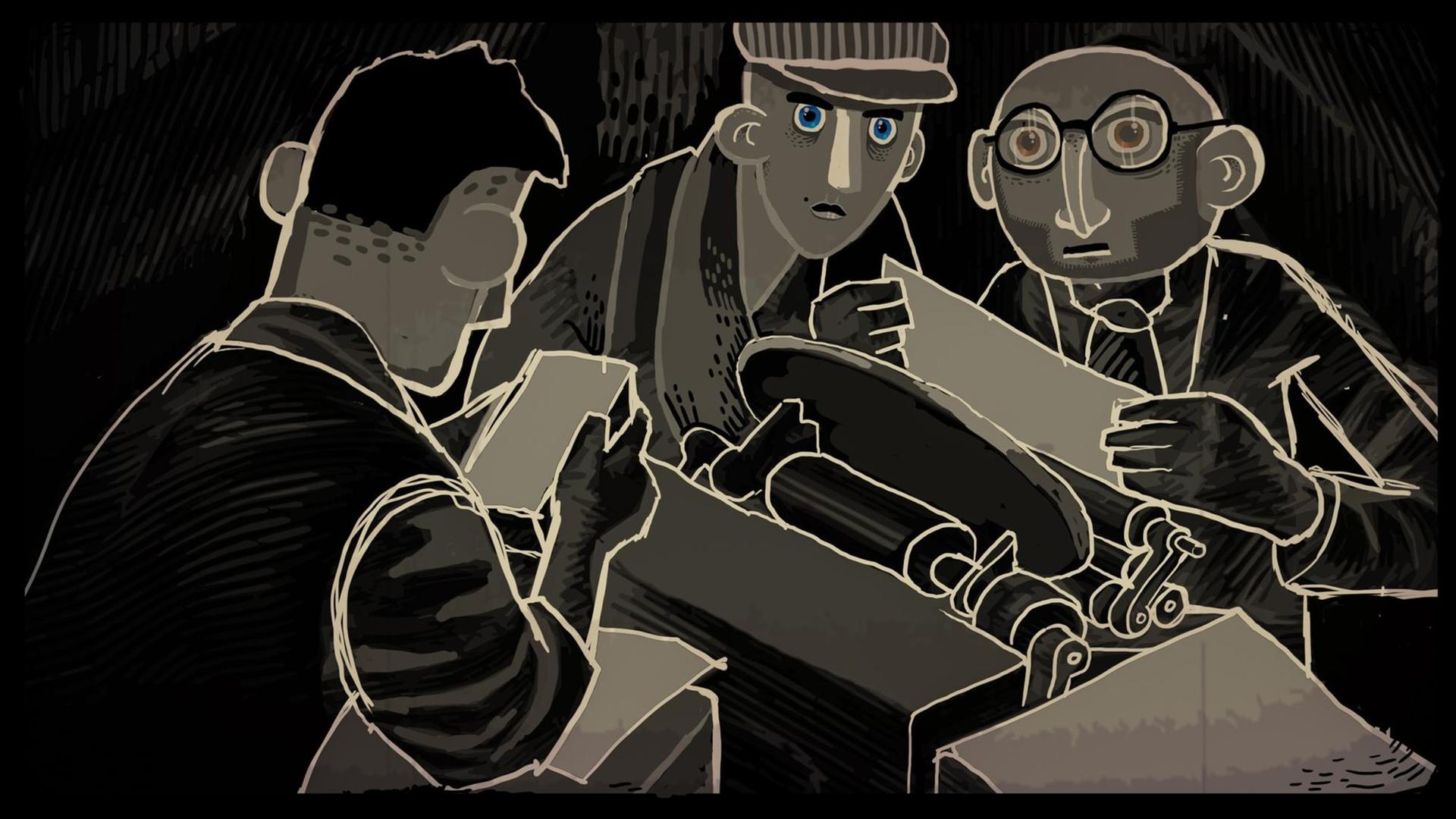 Szene aus dem Spiel "Through the Darkest of Times": Drei Widerstandskämpfer sitzen kospirativ zusammen in einer Untergrunddruckerei, zwei von ihnen starren den Betrachter durchdringend an. Szene aus dem Spiel "Through the Darkest of Times": Drei Widerstandskämpfer sitzen kospirativ zusammen in einer Untergrunddruckerei, zwei von ihnen starren den Betrachter durchdringend an.