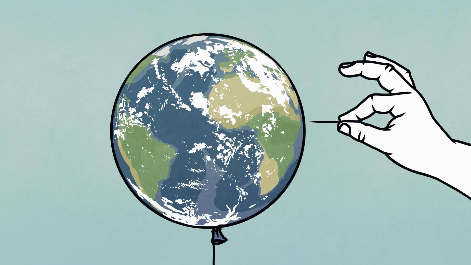 Illustration einer Hand mit Nadel, die in den Planeten Erde als Luftballon pikst. Illustration einer Hand mit Nadel, die in den Planeten Erde als Luftballon pikst.