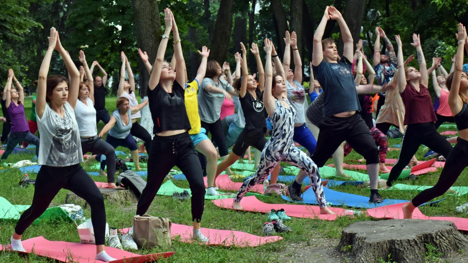 Das Bild zeigt eine Yoga-Gruppe, die unter freiem Himmel Übungen macht.