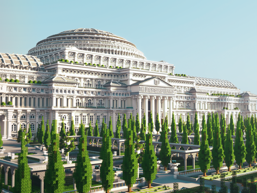 Ein Szenenbild aus dem Internetspiel Minecraft, auf dem eine großes weißes Gebäude zu sehen ist, davor sind mehrere Bäume. Auf dem Gebäude befindet sich die Aufschrift "Uncensored Library".