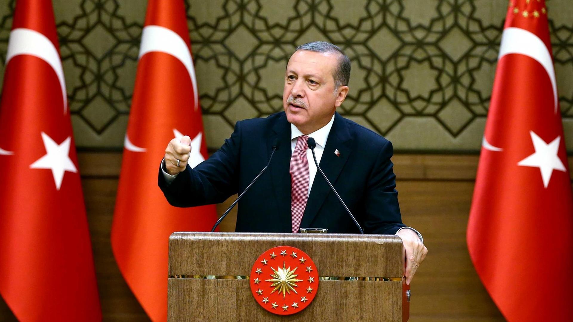 Der türkische Präsident Recep Tayyip Erdogan spricht in seinem Präsidentenpalast in Ankara zu ausländischen Investoren.
