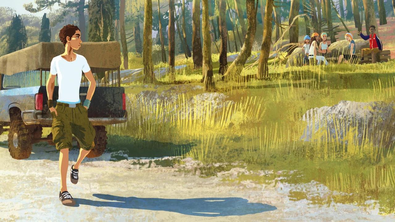 Ein Panel aus Gung Ho 3 - ein junger Mann geht, die Hände in den Hosentaschen, auf einem Waldweg, im Wald sitzt eine Gruppe von Jugendlichen Ein Panel aus Gung Ho 3 - ein junger Mann geht, die Hände in den Hosentaschen, auf einem Waldweg, im Wald sitzt eine Gruppe von Jugendlichen