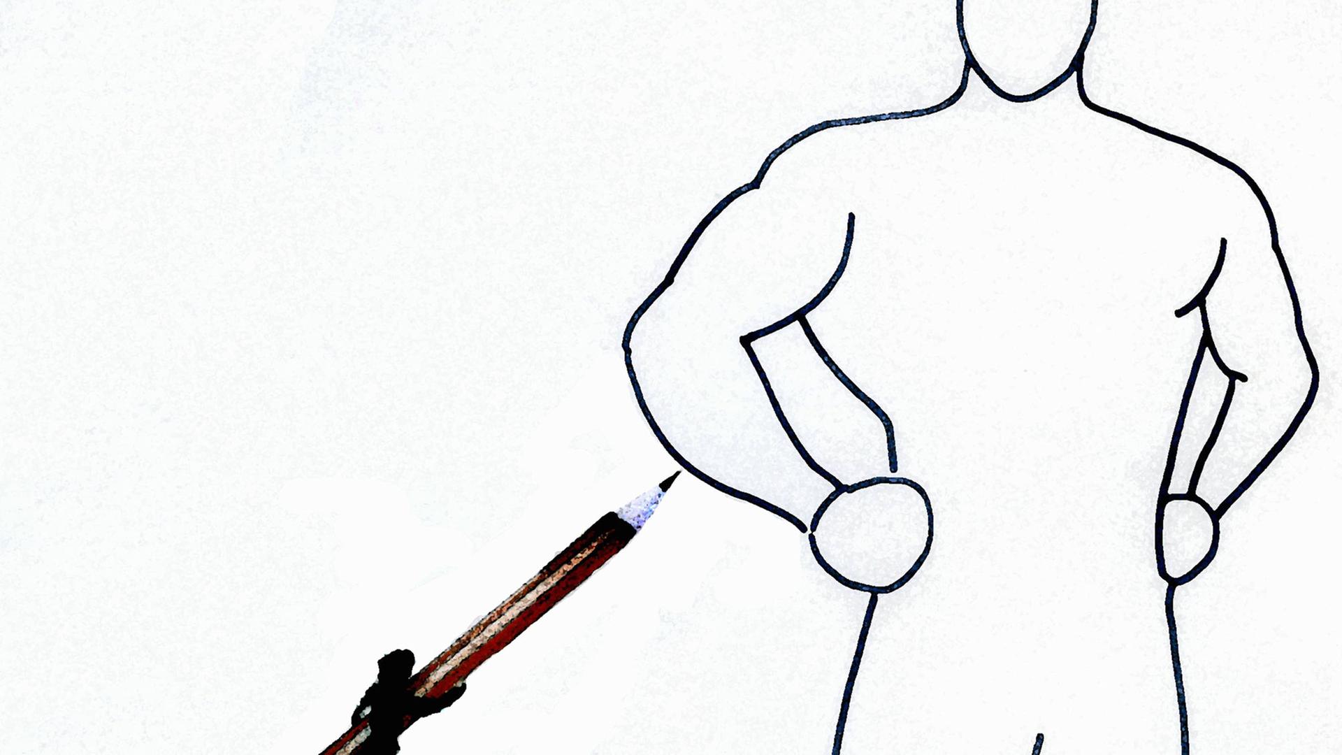 Eine Comic-Figur zeichnet einen Superhelden Eine Comic-Figur zeichnet einen Superhelden