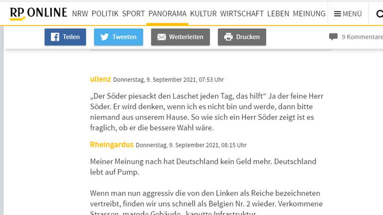Screenshot einer aktuellen Foren-Diskussion unter einem Artikel der "Rheinischen Post"