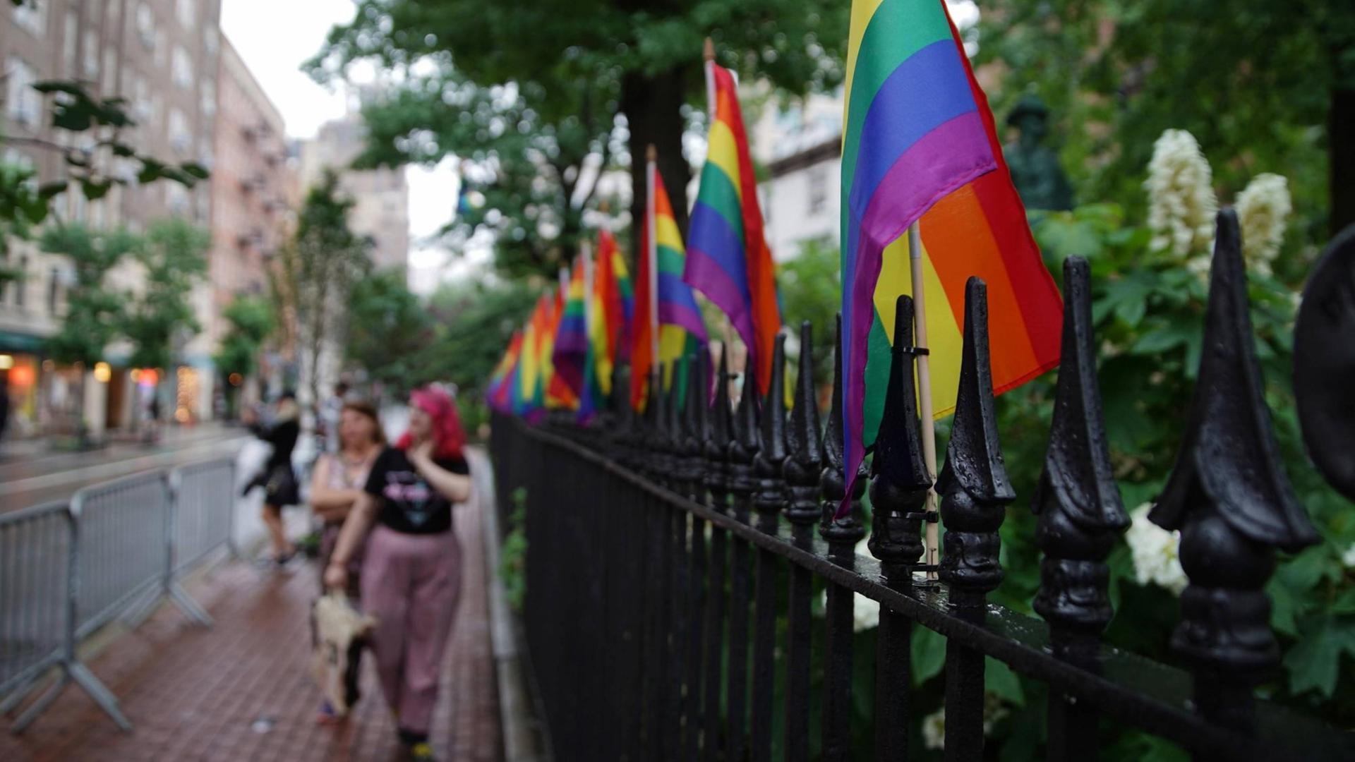 An einem Stahlzaun sind Regenbogenflaggen befestigt. In der Unschärfe laufen Frauen vorbei. Eine trägt eine pinke Frisur.