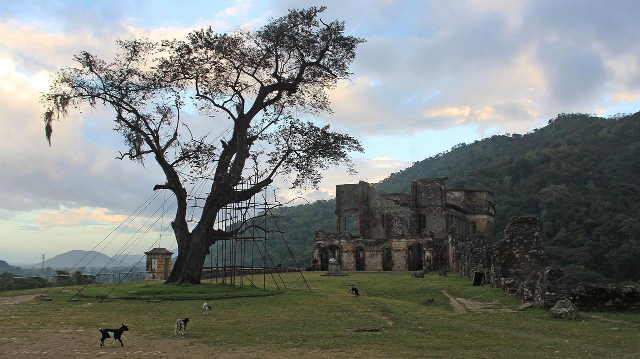 Verwitterte Ansicht einer Schlossruine neben einem eindrucksvoll gewachsenen Baum Verwitterte Ansicht einer Schlossruine neben einem eindrucksvoll gewachsenen Baum