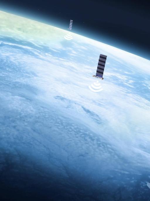 Starlink-Satelliten im Formationsflug mit senkrecht ausgeklapptem Sonnensegel funken die Internet-Signale auf das jeweils abgedeckte Segment der Erde hinunter (Illustration)
