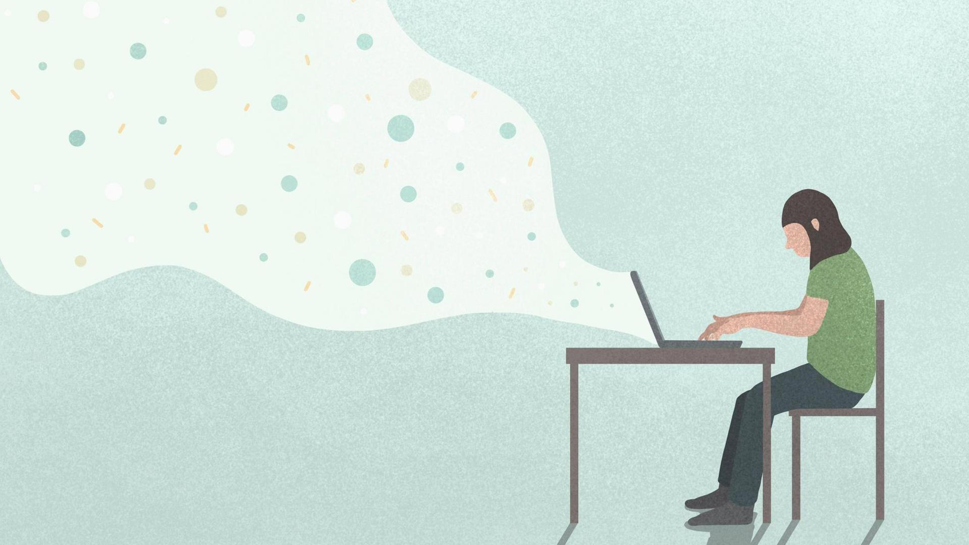 Zu sehen ist eine Illustration einer Frau, die am Laptop sitzt, aus dem eine "Streamingwolke" kommt. Zu sehen ist eine Illustration einer Frau, die am Laptop sitzt, aus dem eine "Streamingwolke" kommt.