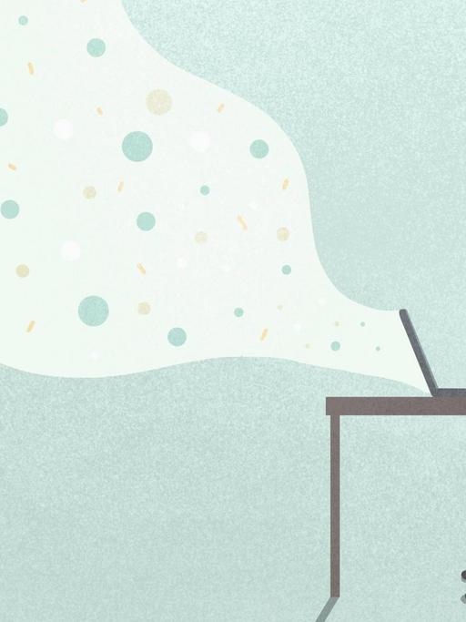 Zu sehen ist eine Illustration einer Frau, die am Laptop sitzt, aus dem eine "Streamingwolke" kommt.