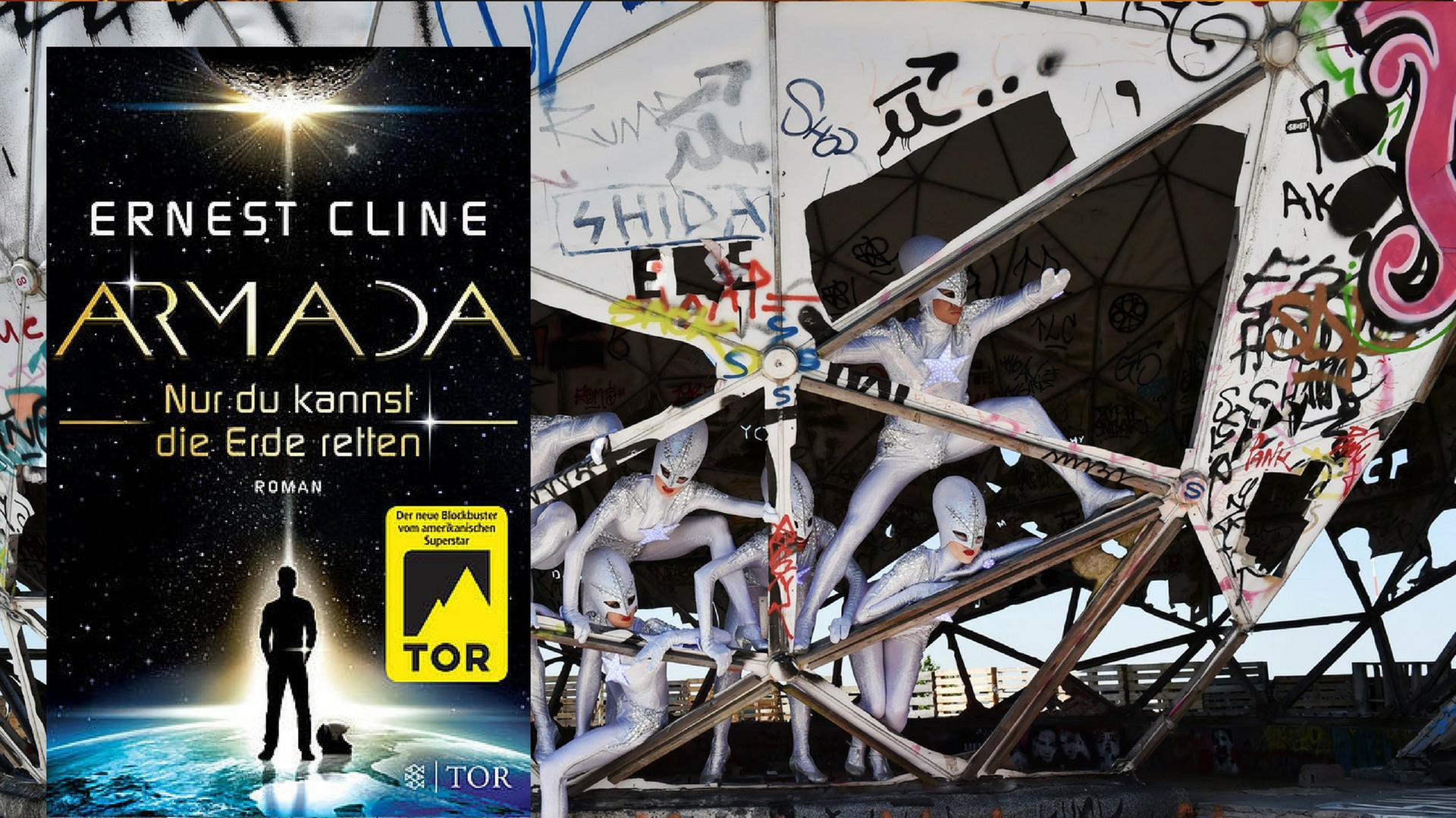 Cover des Romans "Armada" und Aliens aus der Show "The WYLD" des Berliner Friedrichstadt-Palasts