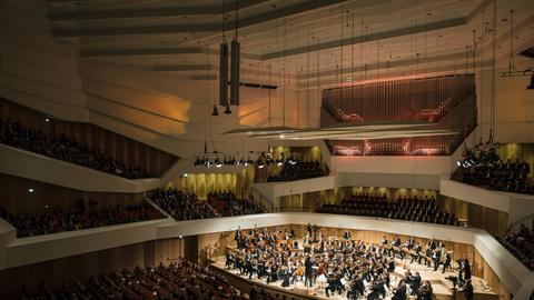 Musiker der Dresdner Philharmonie stehen am 28.04.2017 zum Eröffnungskonzert auf der Bühne des neuen Kulturpalastes in Dresden (Sachsen). Foto: Oliver Killig/dpa-Zentralbild/dpa | Verwendung weltweit