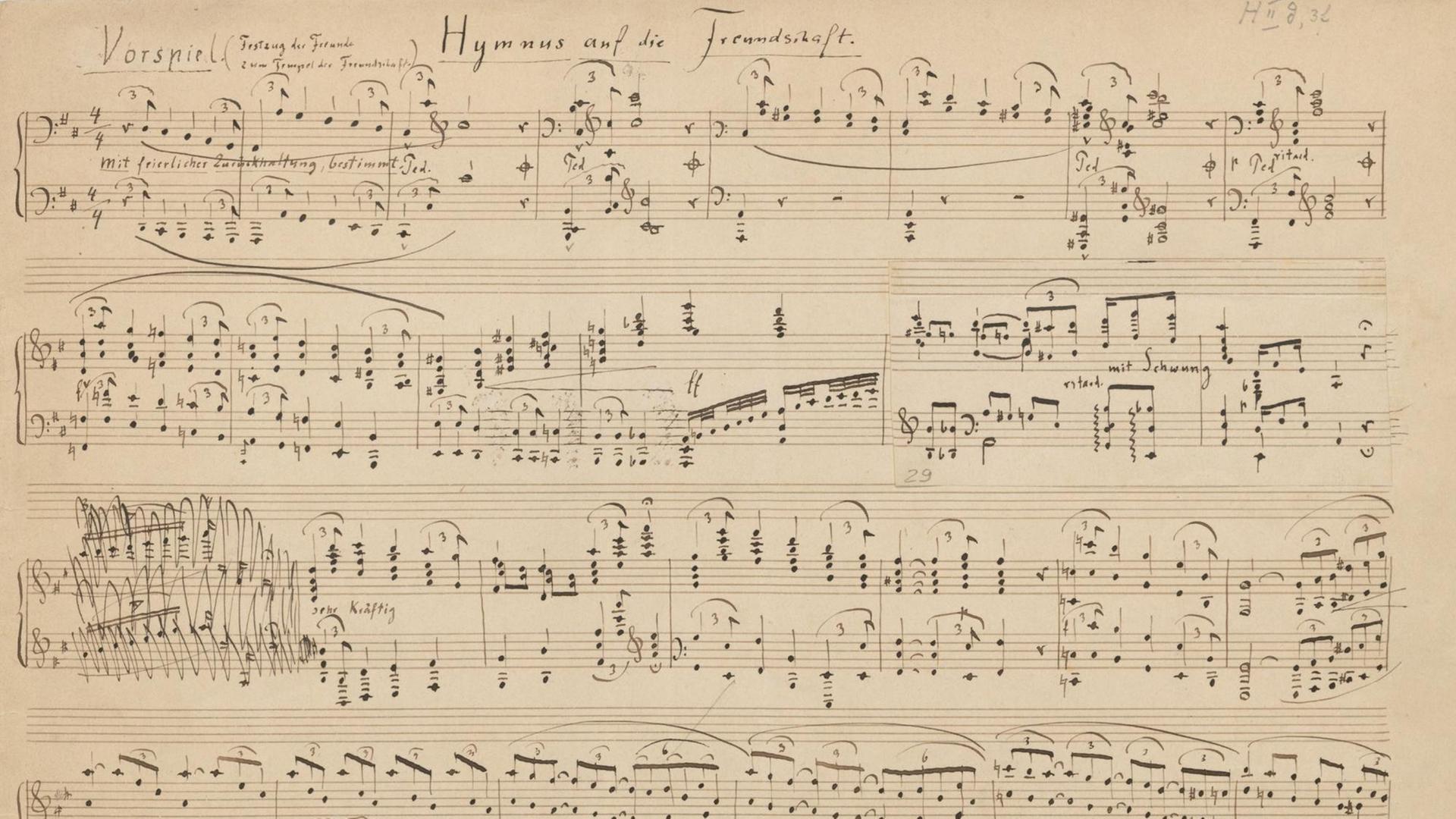 Noten des "Hymnus auf die Freundschaft. Vorspiel (Festzug der Freunde zum Tempel der Freundschaft)", von Friedrich Nietzsche aus dem Jahr 1874. Noten des "Hymnus auf die Freundschaft. Vorspiel (Festzug der Freunde zum Tempel der Freundschaft)", von Friedrich Nietzsche aus dem Jahr 1874.