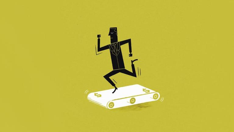 Eine Illustration zeigt einen stilisierten Geschäftsmann, der auf einem Dollar-Laufband rennt. Eine Illustration zeigt einen stilisierten Geschäftsmann, der auf einem Dollar-Laufband rennt.