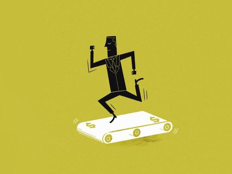 Eine Illustration zeigt einen stilisierten Geschäftsmann, der auf einem Dollar-Laufband rennt.