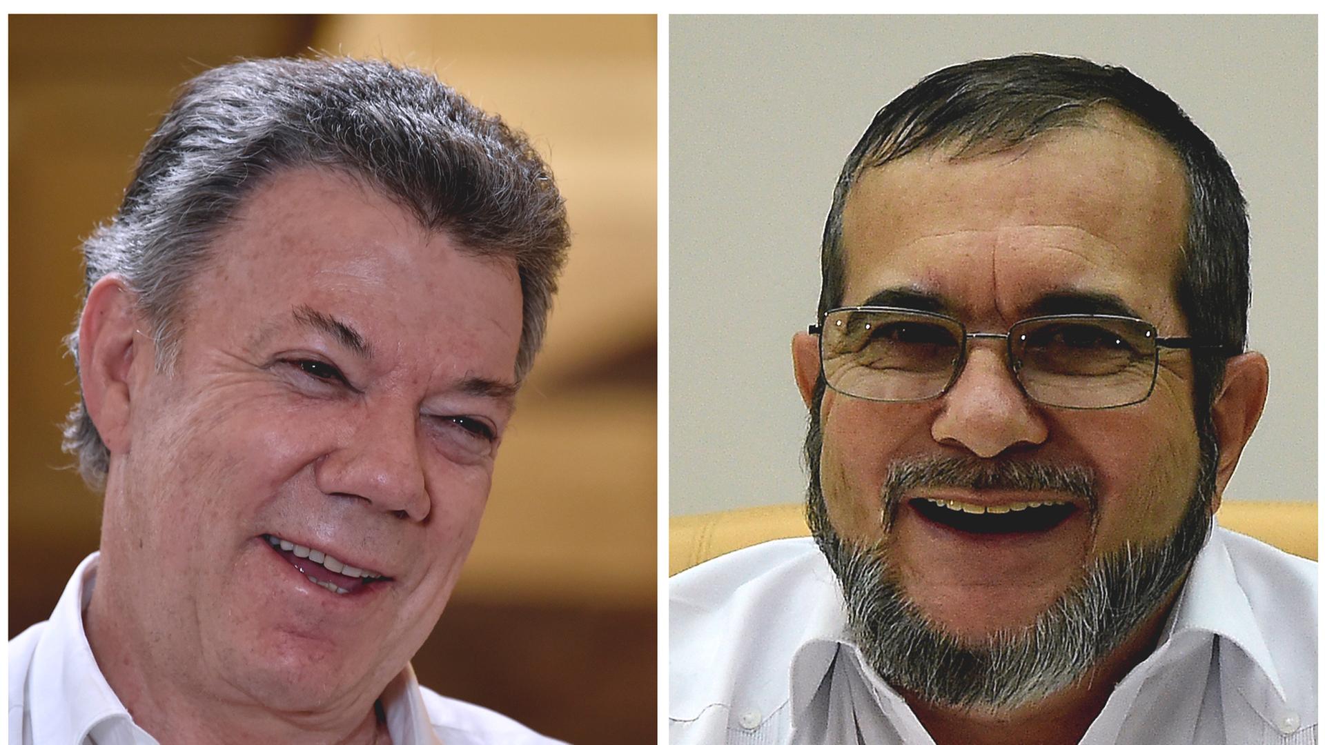 Die Kombo zeigt den kolumbianischen Präsidenten Juan Manuel Santos (l) sowie den obersten FARC-Kommandeur Rodrigo Londoño, besser bekannt als Timochenko. Beide wollen einen Friedensvertrag unterzeichnen. Die Kombo zeigt den kolumbianischen Präsidenten Juan Manuel Santos (l) sowie den obersten FARC-Kommandeur Rodrigo Londoño, besser bekannt als Timochenko. Beide wollen einen Friedensvertrag unterzeichnen.
