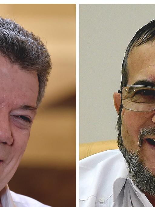 Die Kombo zeigt den kolumbianischen Präsidenten Juan Manuel Santos (l) sowie den obersten FARC-Kommandeur Rodrigo Londoño, besser bekannt als Timochenko. Beide wollen einen Friedensvertrag unterzeichnen.