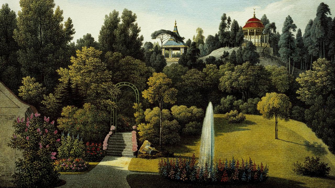Kolorierte Lithographie des Fürst-Pückler-Parks in Muskau nach Zeichnung vonWilhelm Schirmer (1834). Kolorierte Lithographie des Fürst-Pückler-Parks in Muskau nach Zeichnung vonWilhelm Schirmer (1834).
