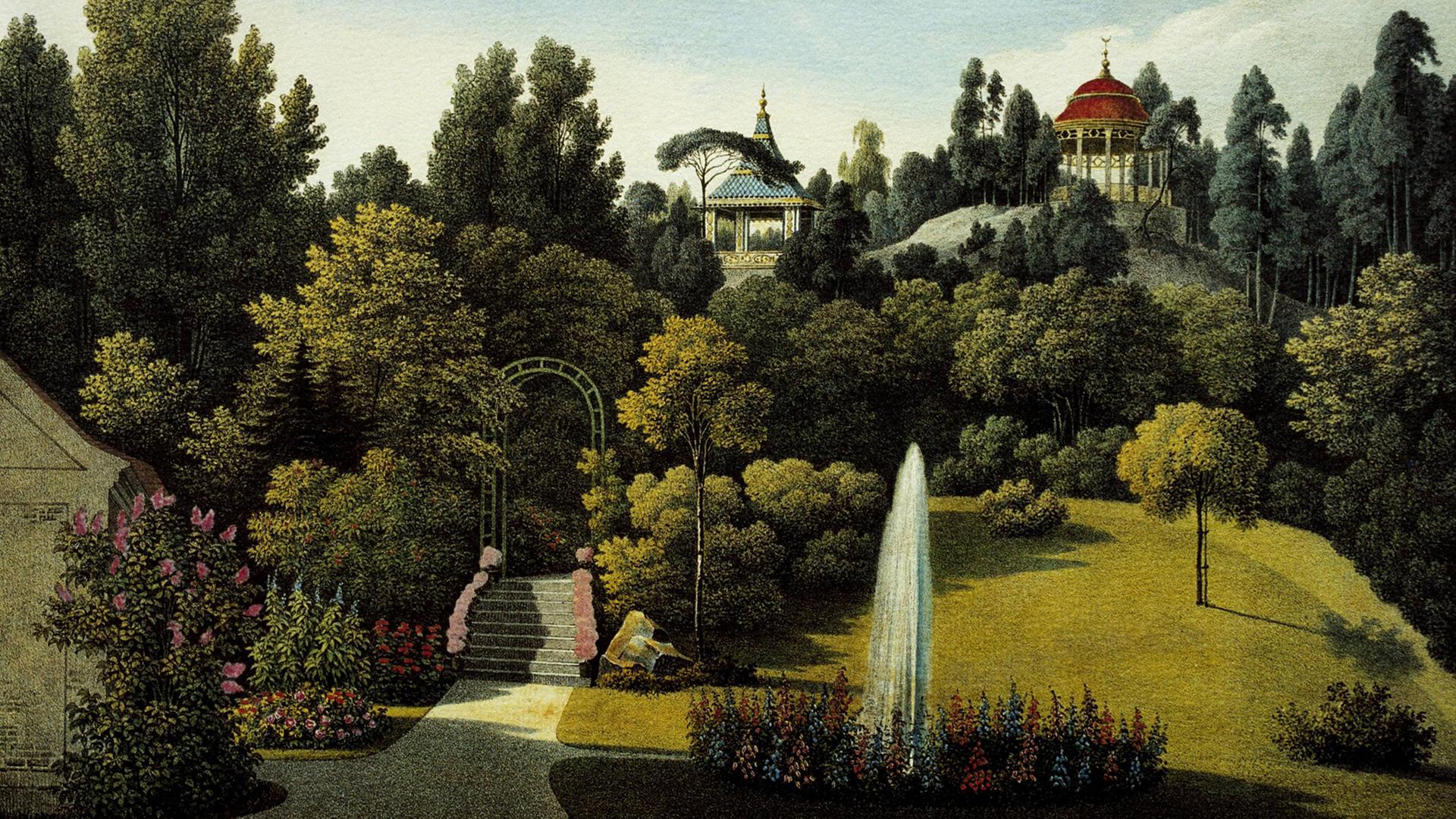 Kolorierte Lithographie des Fürst-Pückler-Parks in Muskau nach Zeichnung von Wilhelm Schirmer (1834). Kolorierte Lithographie des Fürst-Pückler-Parks in Muskau nach Zeichnung von Wilhelm Schirmer (1834).