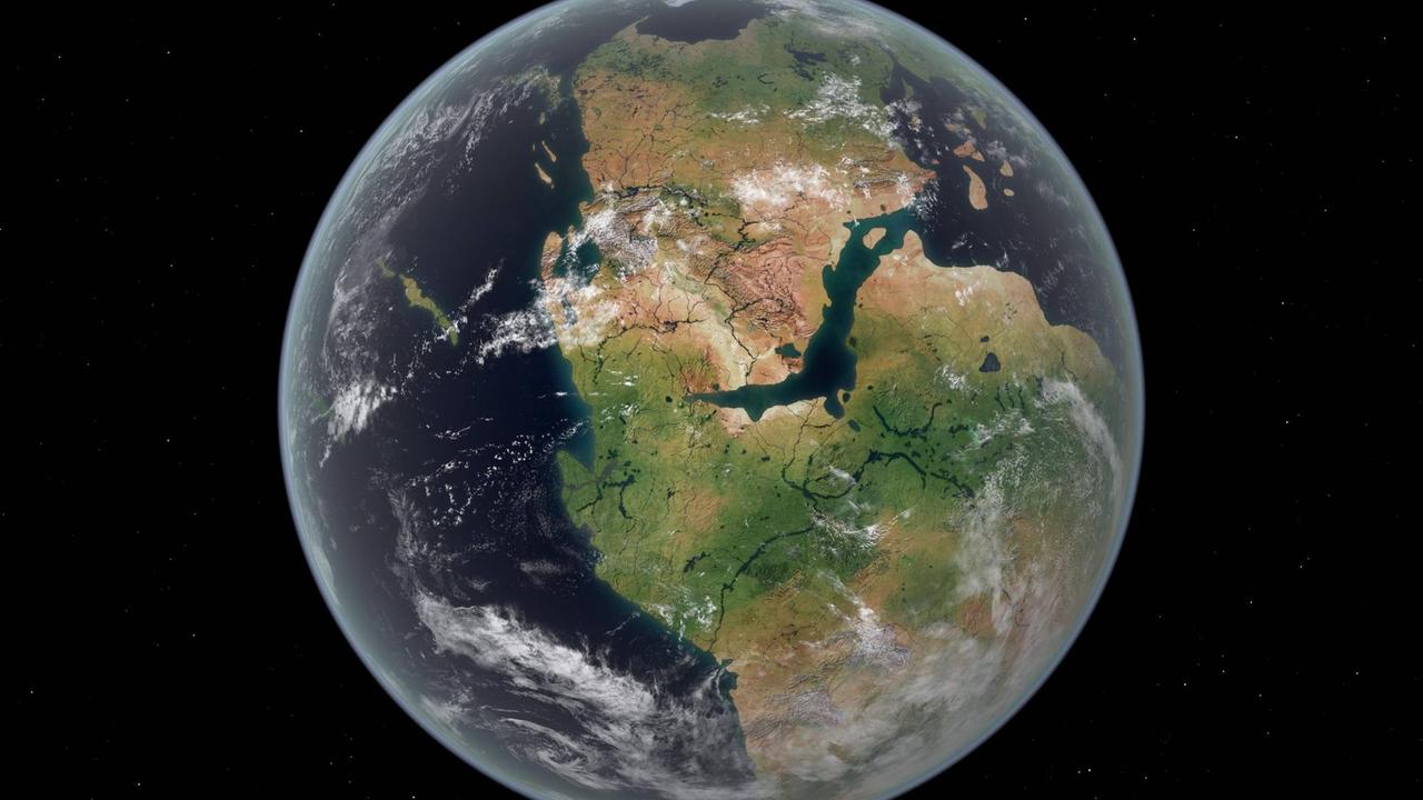 Eine Simulation zeigt, wie die westliche Halbkugel der Erde vor 200 Millionen Jahren ausgesehen haben könnte.