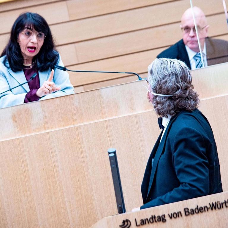 Landtagspräsidentin Muhterem Aras (Grüne) ruft währende der ,117. Plenarsitzung im Landtag Baden Württemberg den ehemaligen AfD-Abgeordneten Heinrich Fiechtner (Parteilos) zur Ordnung. 