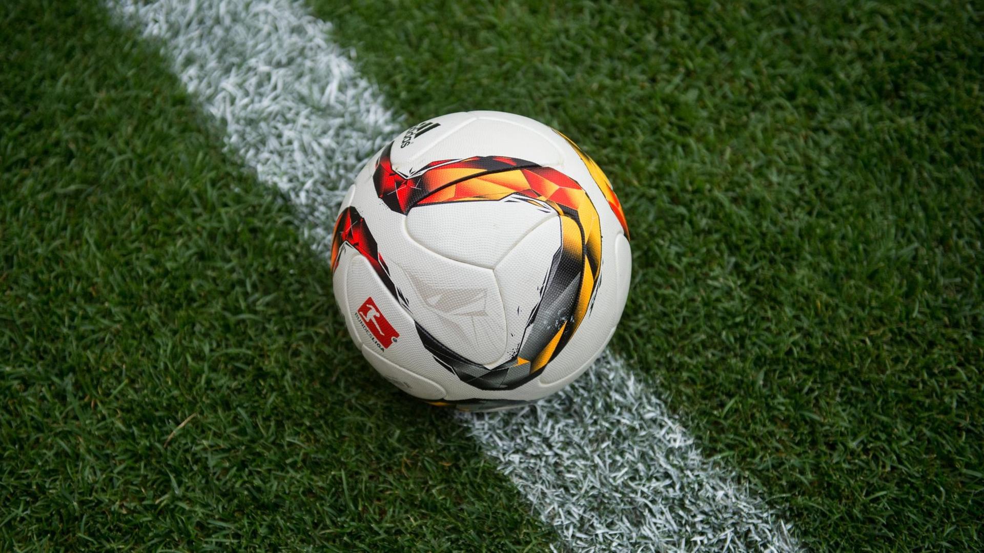 Ein Fußball liegt auf einer Torlinie. Ein Fußball liegt auf einer Torlinie.