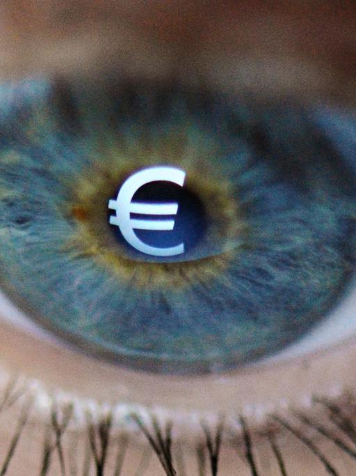 ILLUSTRATION - Ein Eurozeichen spiegelt sich am 08.01.2014 in Frankfurt am Main (Hessen) im Auge einer Frau (Aufnahme gespiegelt). Foto: Daniel Reinhardt/dpa