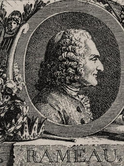 Gezeichnetes Bildnis von Jean Philippe Rameau von Louis Joseph Masquelier um 1779, der viele Instrumente um das Haupt des Komponisten gruppiert.