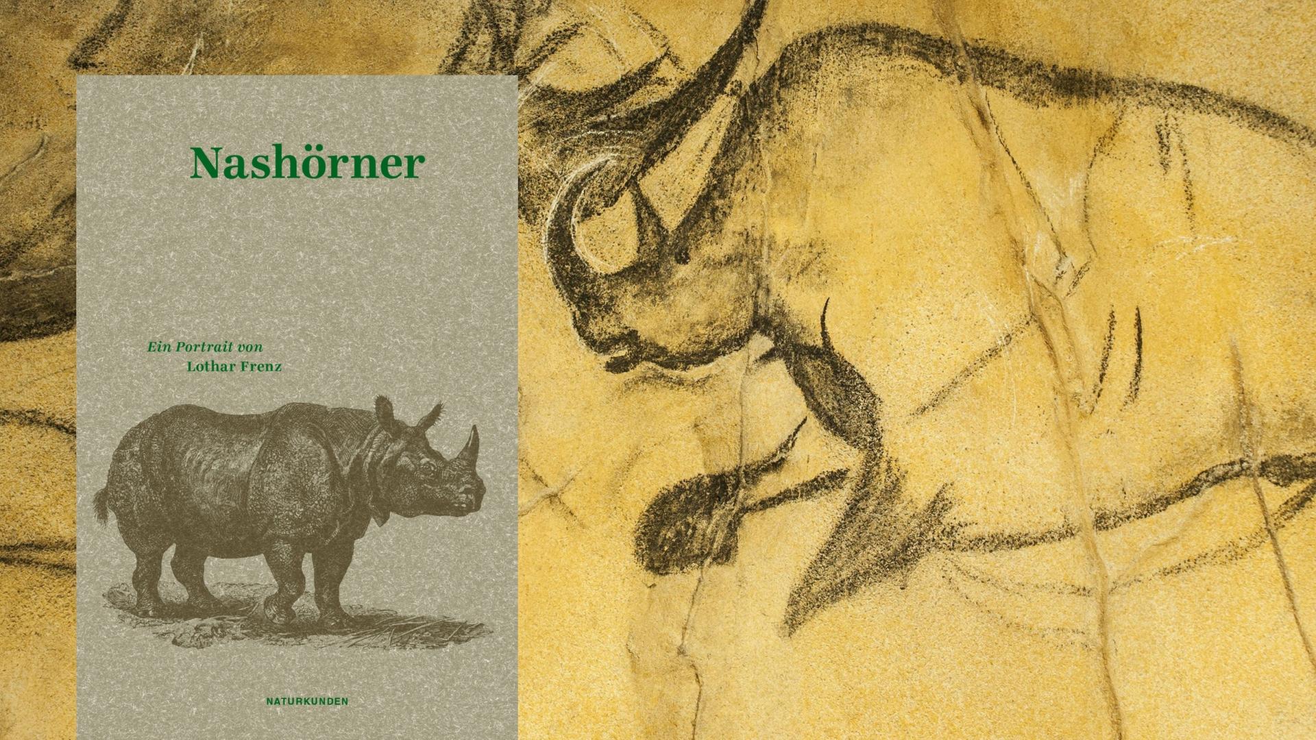 Buchcover: "Nashörner. Ein Portrait" von Lothar Frenz und Judith Schalansky. Im Hintergrund: Buchcover: "Nashörner. Ein Portrait" von Lothar Frenz und Judith Schalansky. Im Hintergrund: