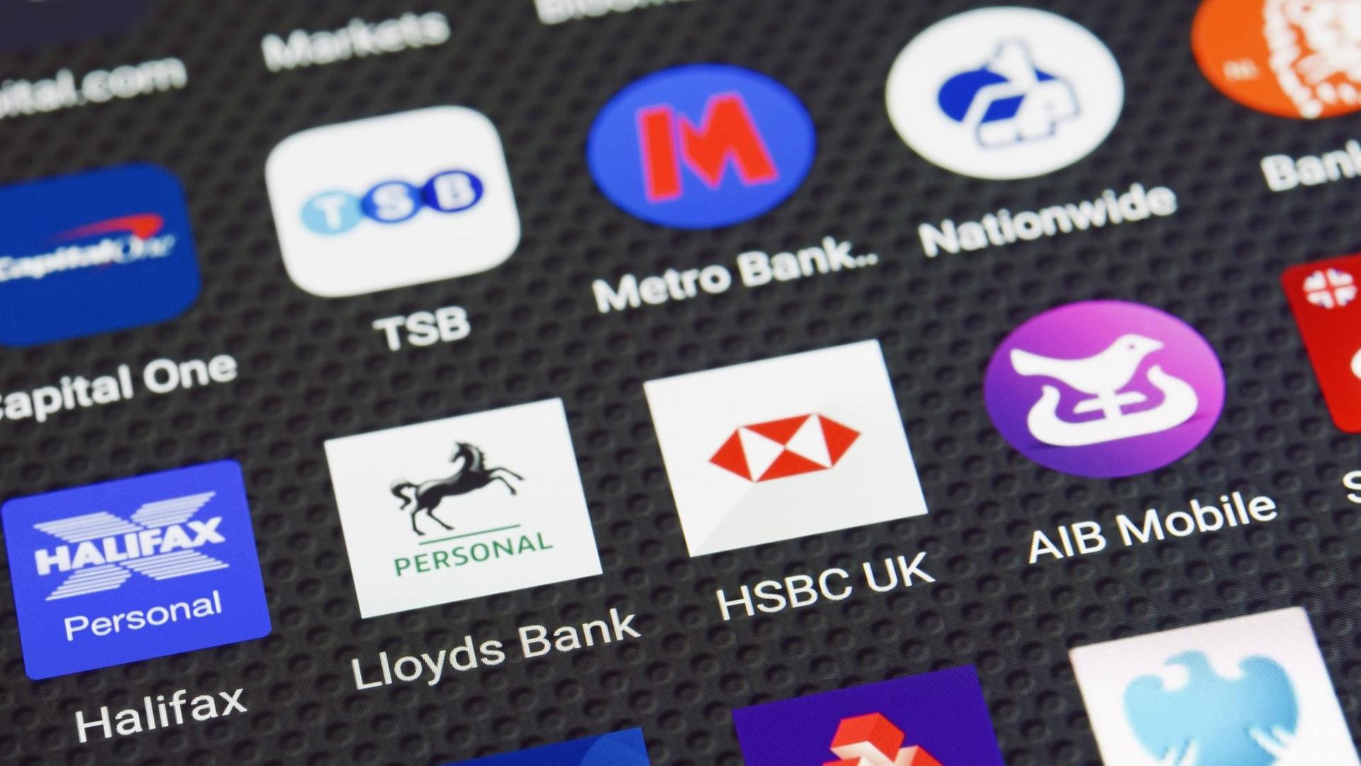 Banking App Icons auf einem Smartphone, Vereinigtes Königreich Banking App Icons auf einem Smartphone, Vereinigtes Königreich