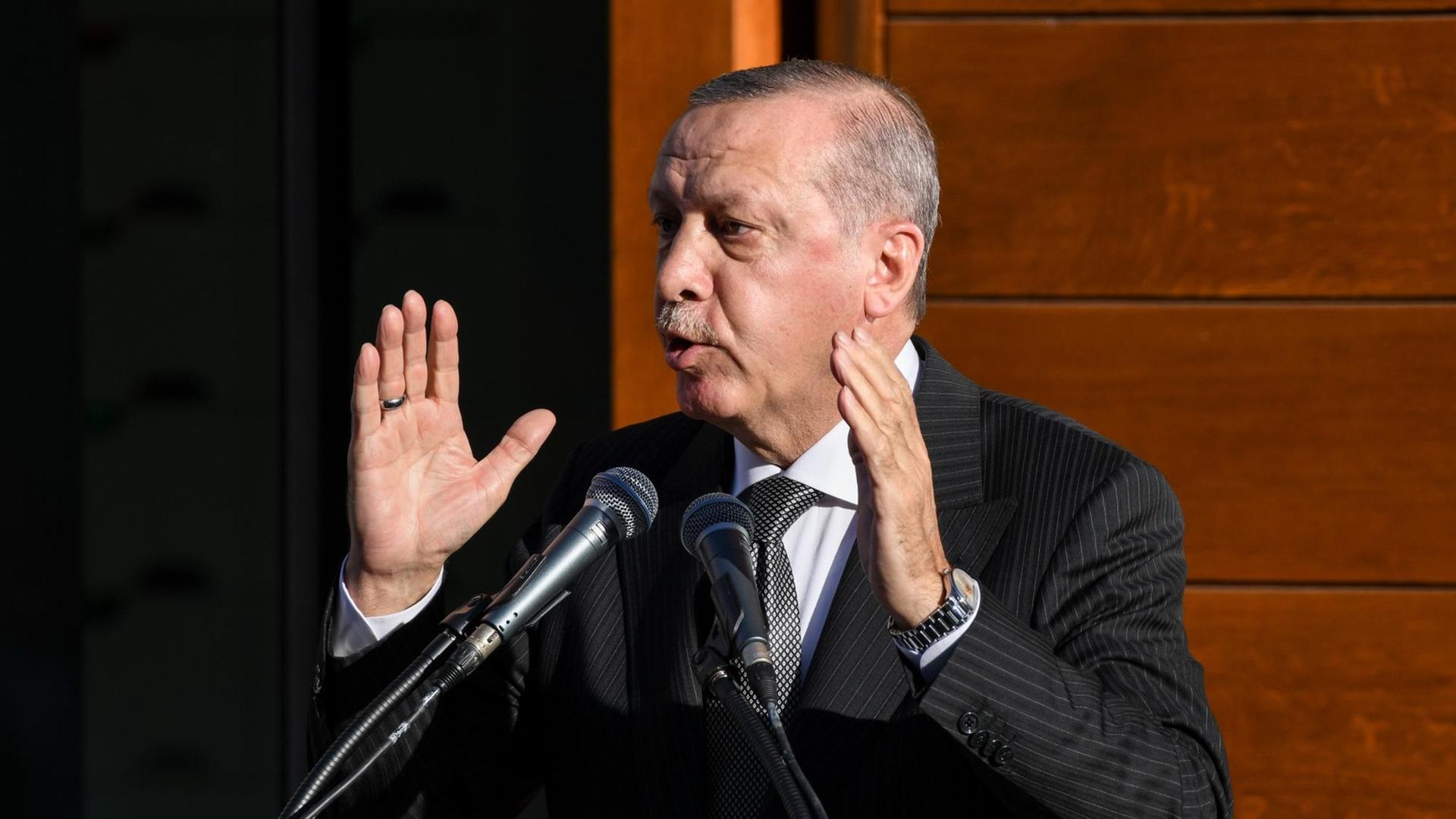 Recep Tayyip Erdogan spricht bei der Eröffnung der DITIB-Zentralmoschee. Er hebt die Hände. Recep Tayyip Erdogan spricht bei der Eröffnung der DITIB-Zentralmoschee. Er hebt die Hände.