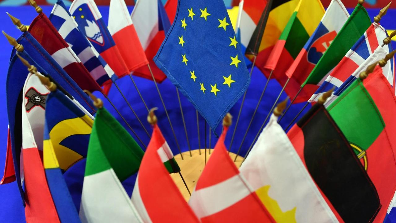 Sie sehen die Flaggen der Mitgliedsstaaten der EU, zusammen mit der EU-Flagge auf einem Tisch. Sie sehen die Flaggen der Mitgliedsstaaten der EU, zusammen mit der EU-Flagge auf einem Tisch.