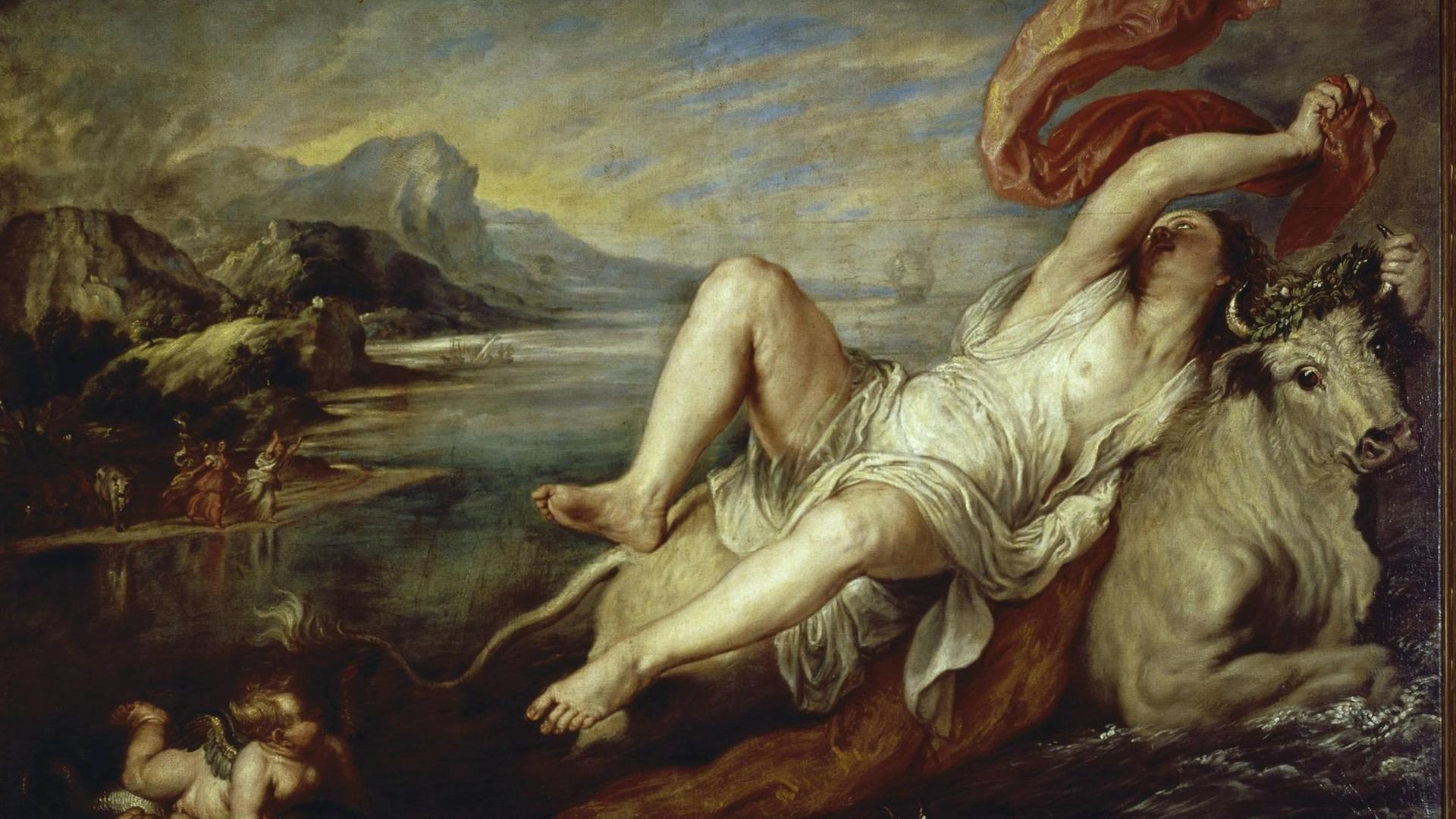 Rubens, Peter Paul 15771640. Der Raub der Europa, 1628/29. (Jupiter, in Gestalt eines Stieres, entführt die Königstochter durch das Meer; Ovid, Met. II, 835877). Kopie nach einem Gemälde von Tizian. Öl auf Leinwand, 181 × 200 cm. Cat. 1693 Madrid, Museo del Prado. | Rubens, Peter Paul 15771640. Der Raub der Europa, 1628/29. (Jupiter, in Gestalt eines Stieres, entführt die Königstochter durch das Meer; Ovid, Met. II, 835877). Kopie nach einem Gemälde von Tizian. Öl auf Leinwand, 181 × 200 cm. Cat. 1693 Madrid, Museo del Prado. |