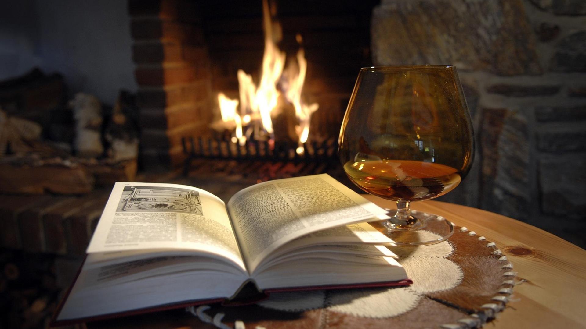 Ein aufgeschlagenes Buch, ein Cognac und im Hintergrund brennt ein Feuer im Kamin.