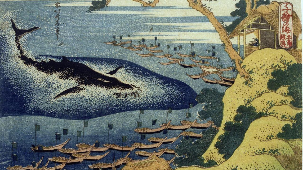 Walfischfang vor den Gotô-Inseln, zwischen 1832 und 1834, aus der Serie: Tausend Ansichten der Meere (chie no umi), Mehrfarbendruck, chuban, 19,1 × 25,9 cm, Tokio, Sumida City Walfischfang vor den Gotô-Inseln, zwischen 1832 und 1834, aus der Serie: Tausend Ansichten der Meere (chie no umi), Mehrfarbendruck, chuban, 19,1 × 25,9 cm, Tokio, Sumida City