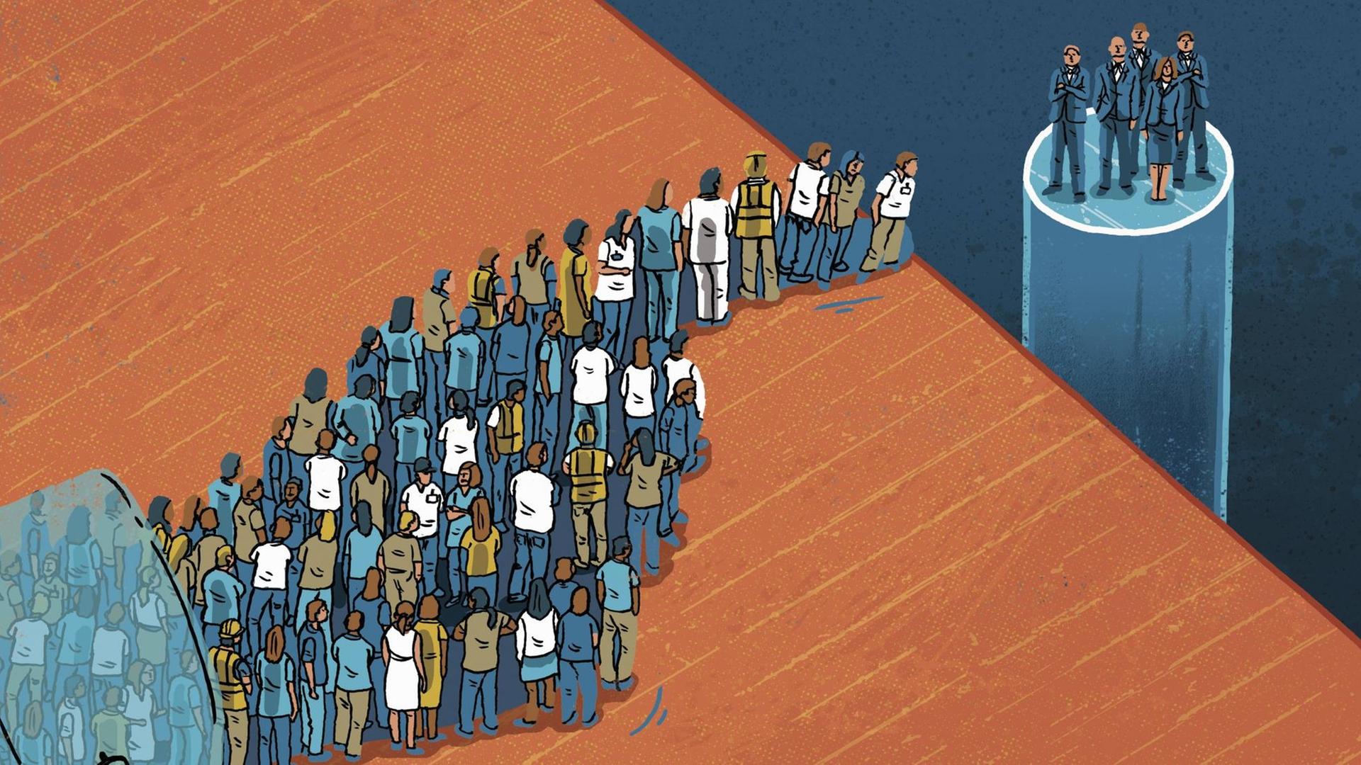 Die Illustration zeigt eine Gruppe von Arbeitnehmern, die sich zu einem Finger Richtung Arbeitgeber formiert. P Die Illustration zeigt eine Gruppe von Arbeitnehmern, die sich zu einem Finger Richtung Arbeitgeber formiert. P