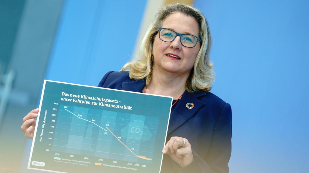 Svenja Schulze (SPD), Bundesministerin für Umwelt, Naturschutz und nukleare Sicherheit, gibt eine Pressekonferenz zum Beschluss des Bundeskabinetts zum erweiterten Klimaschutzgesetz. Svenja Schulze (SPD), Bundesministerin für Umwelt, Naturschutz und nukleare Sicherheit, gibt eine Pressekonferenz zum Beschluss des Bundeskabinetts zum erweiterten Klimaschutzgesetz.