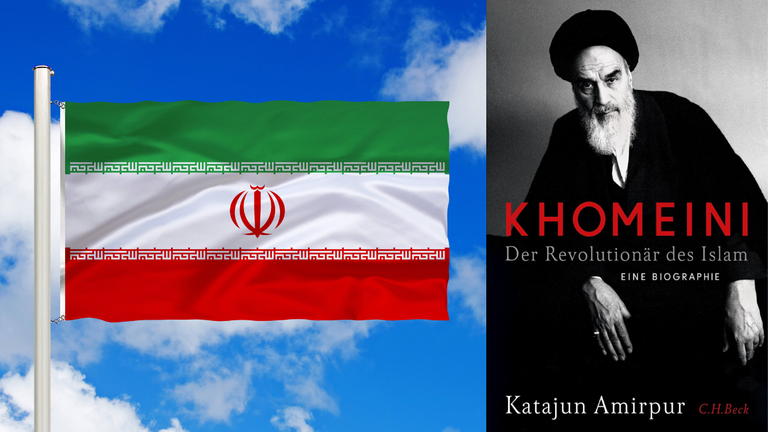 Das Buch von Katajun Amirpur "Khomeini. Der Revolutionär des Islam. Eine Biographie" neben einer iranischen Flagge Das Buch von Katajun Amirpur "Khomeini. Der Revolutionär des Islam. Eine Biographie" neben einer iranischen Flagge