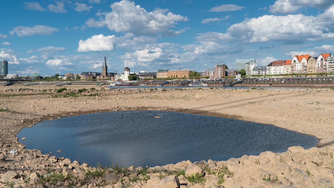Dürre in Deutschland: Das Foto zeigt den stark gesunkenen Wasserspiegel des Rheins bei Düsseldorf im heißen Sommer 2018. Dürre in Deutschland: Das Foto zeigt den stark gesunkenen Wasserspiegel des Rheins bei Düsseldorf im heißen Sommer 2018.