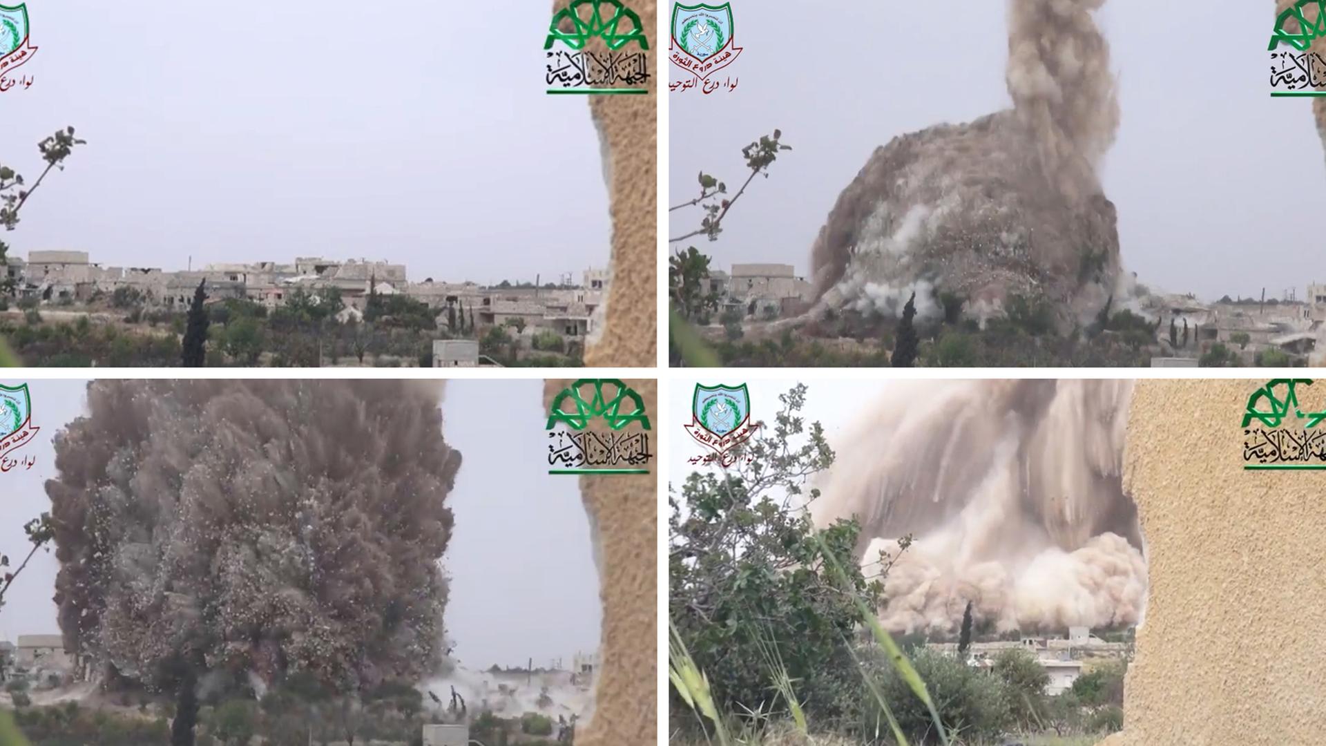 Ein von der Islamischen Front veröffentlichtes Video zeigt eine gewaltige Explosion im syrischen Maaret al-Numan. Ein von der Islamischen Front veröffentlichtes Video zeigt eine gewaltige Explosion im syrischen Maaret al-Numan.