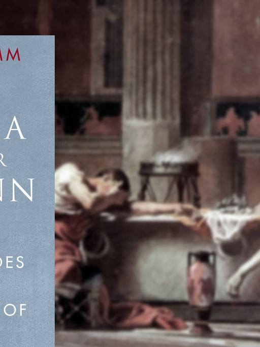 Das Cover von James Romms Buch "Seneca und der Tyrann"; im Hintergrund ist leich unscharf das Gemälde "Der Tod des Seneca" von Manuel Domínguez Sánchez zu sehen.