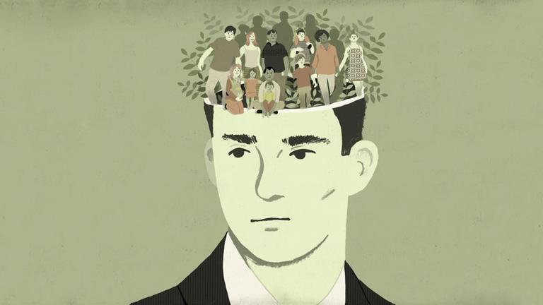 Illustration eines Mannes, der nachdenklich schaut und aus dessen Kopf viele Menschen kommen. Illustration eines Mannes, der nachdenklich schaut und aus dessen Kopf viele Menschen kommen.